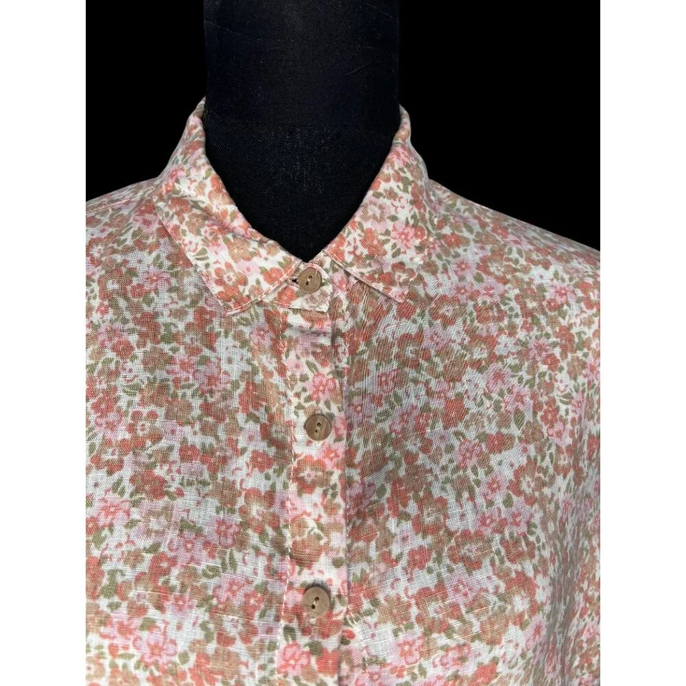 Cynthia Rowley Floral Linen Button Down Shirt WOMEN M Pink Beige Short Sleeve - Picture 4 of 9